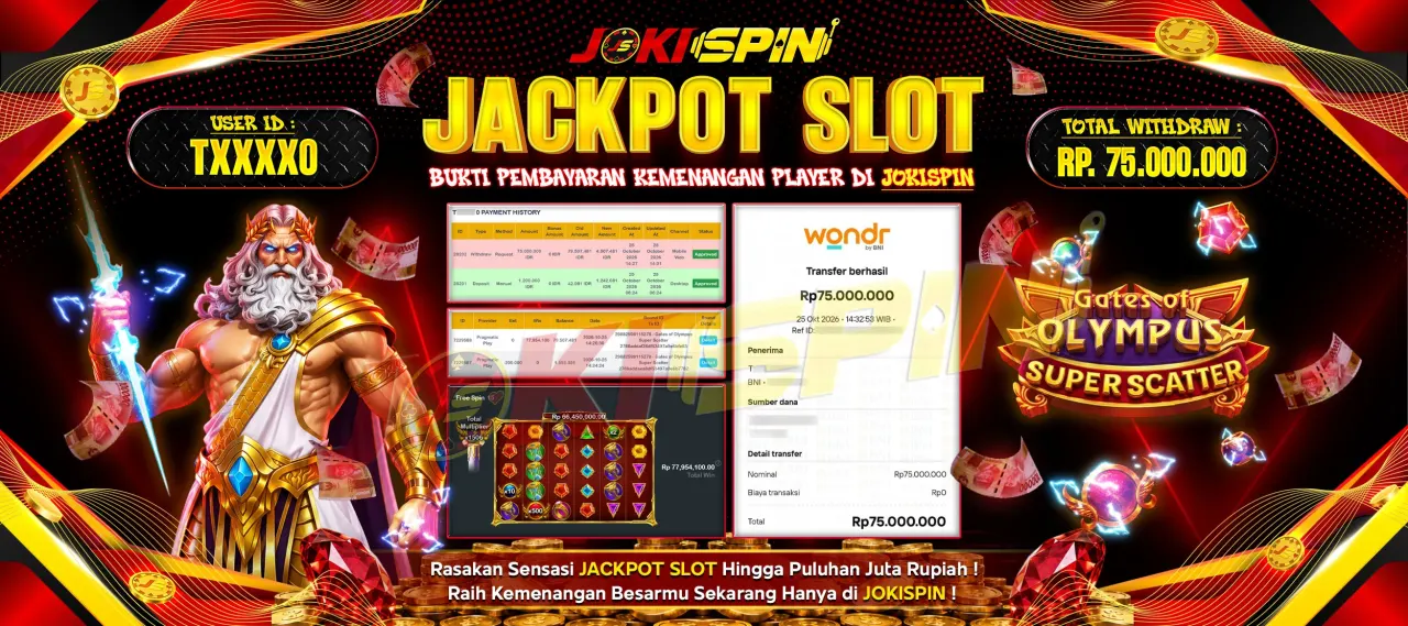 JOKISPIN JACKPOT SLOT GATES OF OLYMPUS SUPER SCATTER Rp.75,000,000,-